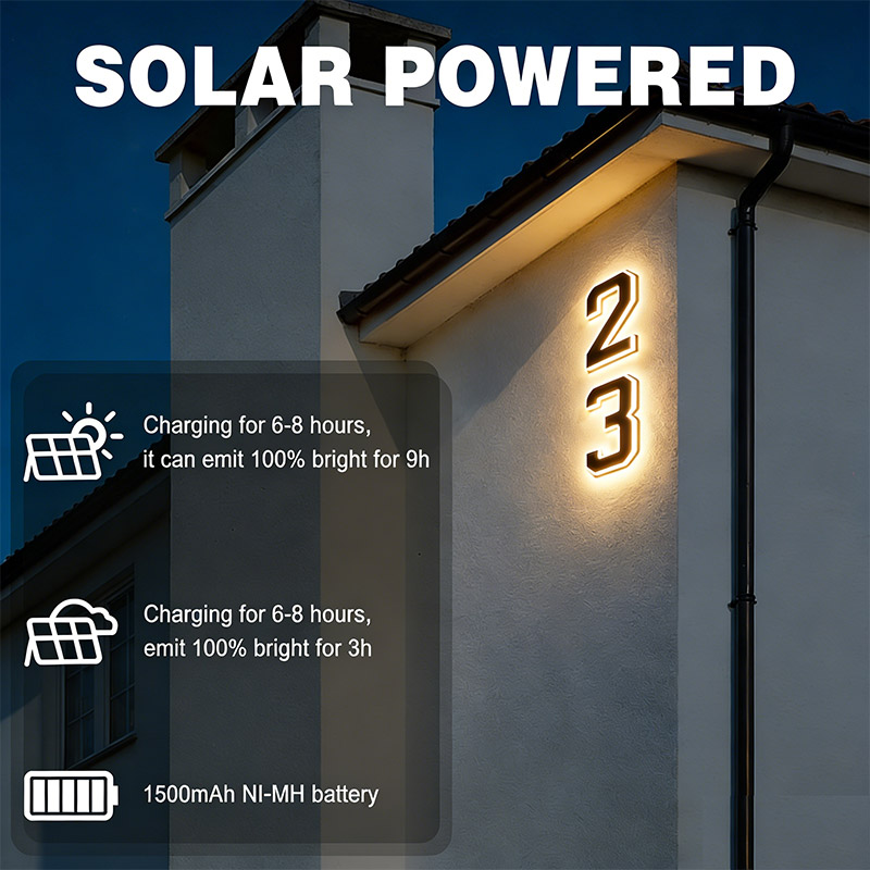 Outdoor Power Number - Solar Powered House Number Sign, Waterproof